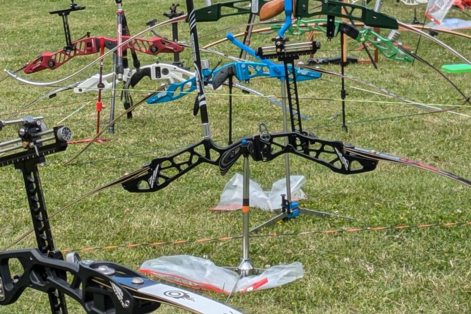 Archery bows in a line